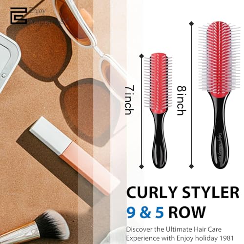 2 PCS Hair Brush for Women Men 7 Row 5 Row Curly Wet or Dry Hair Classic Styling Brushes for Natural Thick Hair, Blow Separating, Shaping Defining Curls Tools Travel Bristle Black Hairbrush - color: Black 9 Row and 5 Row