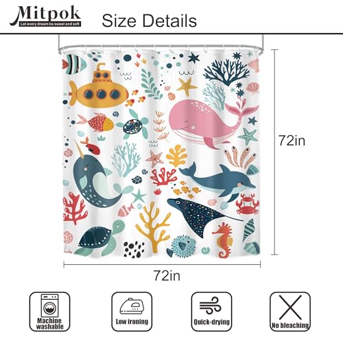 Kids Shower Curtain Ocean Cute Cartoon Whale Funny Kid Bathroom Set Underwater Coastal Submarine Fish Animal Nursery Baby Boys Girls Children 72Wx72H Bath Curtain Fabric Polyester 12 Pack Hooks - color: A 01ocean, size: 72"W x 72"L (Pack of 1)