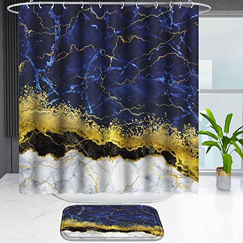 Poedist 4 Pcs Gold Edge Marble Bathroom Shower Curtain Set, Bathroom Sets with Shower Curtain and Rugs(Bath Mat,U Shape and Toilet Lid Cover Mat) and 12 Hooks-Blue - color: Blue Yellow Black