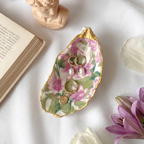 Natural Oyster Ring Trinket Dish Vintage Pink Floral Jewelry Tray for Keys Small Jewelry Holder for Bridal Shower Favors Friends Sisters Daughter Mother Gift Seaside Decor - style: Lilac