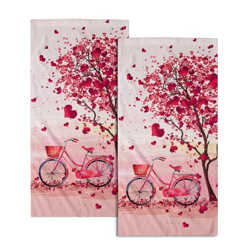 Valentine's Day Hand Towels - Set of 2 Pink Heart 14'x28' Soft Absorbent Guest & Kitchen Towels for Couples & Wedding Anniversary - color: Valentines Pink Bike Heart