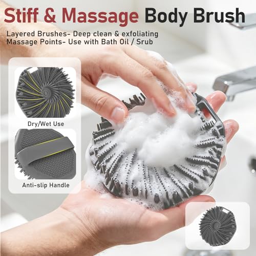 Back Scrubber for Shower 2 Pack, Silicone Scrub Brush with Long Handle & Unique Soft Body Scrubber, Detachable Body Brush Shower Lather Well Deep Clean Exfoliating for Women Men Sensitive Skin Gy&Pk - color: Pink+grey Flock