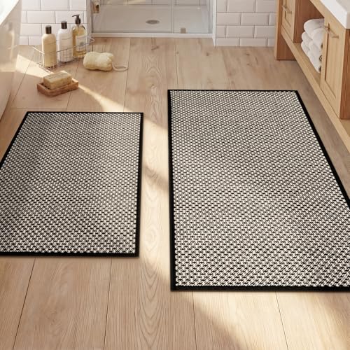 YIHOUSE Thin Bath Mat Black Bathroom Rugs Sets 2 Pieces, Non Slip Absorbent Mats Quick Dry, Woven Rugs Washable, Tapetes para Baño for Bathroom Toliet,Bathtub(17"x24"+17"x32") - color: Black, size: 2Pieces(17"x24"+17"x32")