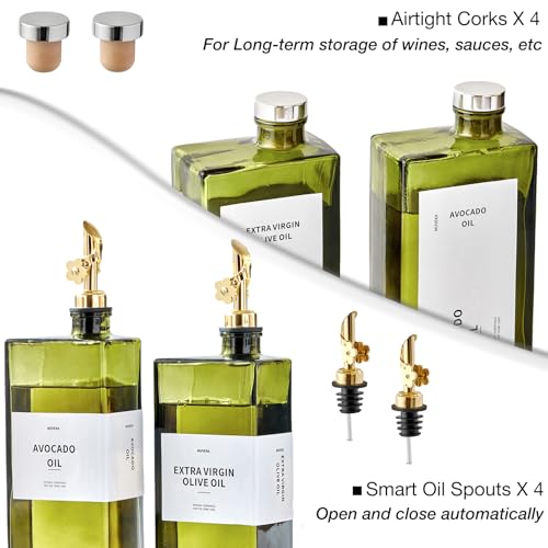 Olive Oil Dispenser Bottle for Kitchen, 16.9oz /500ml Cooking Vinegar Dispenser Bottle Set, Glass Sauce Container, Labels, Brush, Funnel, Stoppers, Green for Oil, Wine - color: Golden, 4 Pack