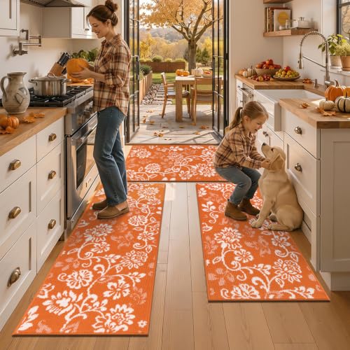 LOKHOM Fall Kitchen Rugs Sets of 3, Non Slip Orange Kitchen Mats for Floor | High-Low Textured Kitchen Rug Set with Rubber Backing, Paisley Floral Washable Carpet Runner for Hallway Sink(Orange & White) - color: Orange, size: 24"x35"+24"x48"+24"x60"