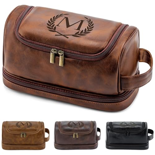 Personalized Gifts Travel Toiletry Bag for Men Him, Laser-Engraved Initial PU Leather Waterproof Shaving Bag Christmas Birthday Gift for Men Dad Husband Boyfriend Groomsmen, Reddish Brown M - color: Reddish Brown, style: M