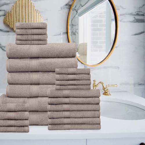 HILLFAIR 24 Piece Bath Towels Set for Bathroom- 100% Cotton 24 PC Bulk Pack Hotel Spa Towel Set- 2 XXL Oversized Big Towels, 4 Bath Towels, 6 Hand Towels, 4 Fingertip Towels, 8 Washcloths: Taupe - color: Stone, size: 24 PC Bath Towel Family Set