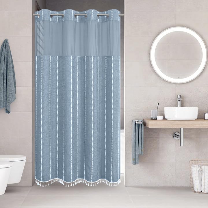 eachope No Hook Stall Shower Curtain with Snap-in Fabric Liner - 54x80 Heavy-Duty Linen Textured Striped Design,Narrow Rustic Modern Farmhouse Bohemian Bathroom Curtain,Water-Repellent,Blue - color: Blue, size: 54"W x 80"L (Pack of 1)