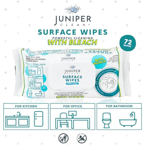 Juniper CLEAN 6 Pack Surface Cleaning Wipes with Bleach, All-Purpose Cleaner for Bathroom, Kitchen, Office, 72 Count Soft Flow, Fresh Scent, Lint Free & Durable - size: 72 Count (Pack of 6)