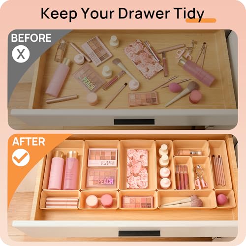 Vtopmart 25 PCS Plastic Drawer Organizers Set, 4-Size Versatile Bathroom and Vanity Drawer Organizer Trays, Storage Bins for Makeup, Bedroom, Kitchen Gadgets Utensils and Office - color: Orange