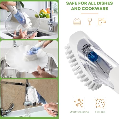 RIMAY Dish Brush with Soap Dispenser Storage Set, Soap Dispensing Dish Brush with 2 Pcs Brush Refills & Holder, Kitchen Dish Washing Wand with Handle for Dishes/Pans/Pots/Sink (White) - color: White-green