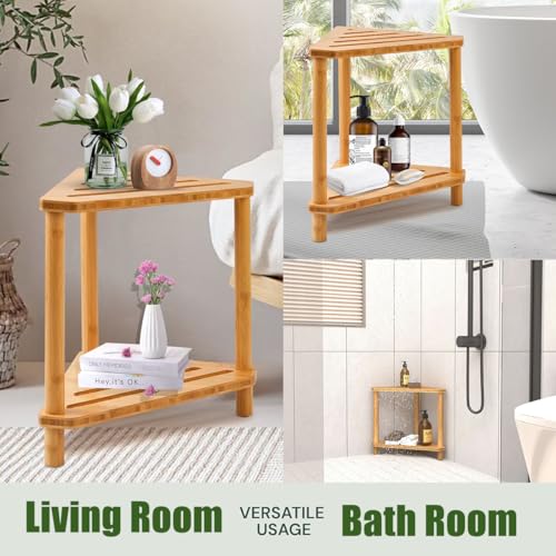 Bamboo Corner Shower Stool,2-Tier Waterproof Shower Stool for Inside Shower Shaving Leg,Small Spaces,Shower Foot Rest with Storage Shelf,Shower Bench,Bath Seat,Corner Nightstand gift for women mom - style: GU-QZST