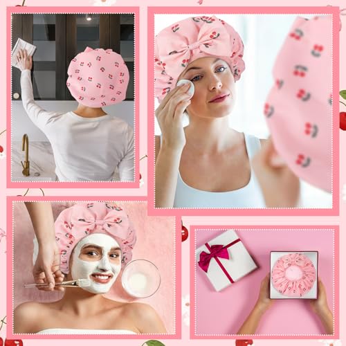 ramede Large Satin Lined Shower Cap for Women Reusable Waterproof Double Layer Bath Cap with Cherry Bow Large Washable Bath Caps with Soft Elastic Band Protect Long Hair Braids - style: Cherry Bow
