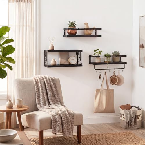 Fixwal Wall Mounted Bathroom Shelves Over Toilet, Rustic Wood Floating Shelves with Metal Frame and Towel Bar for Bathroom, Kitchen, Bedroom, Living Room (3 Plus 1 Black) - color: 5-black