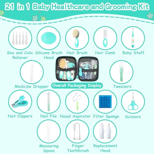 23 in 1 Baby Healthcare and Grooming Kit, Infant Safety Care Set Baby Nursery Kit with Gas Colic Passer Nasal Aspirator Nail Clipper Hair Brush Comb for Newborn Girls Boys (Green)) - style: 21 Kits-Green