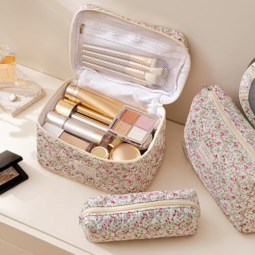 HBselect Quilted Makeup Bag, 3PCS Cotton Large Travel Makeup Bag, Cute Floral Coquette Make up Bag Cosmetic Bag Toiletry Bag for Women Girls - color: A-3PCS-Floral 19