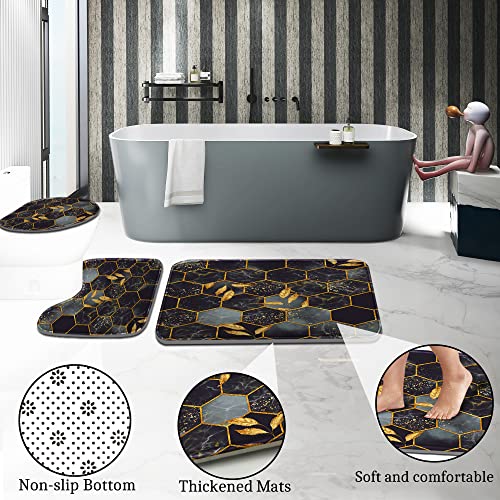 Poedist 4 Pcs Bathroom Shower Curtain Set,Bathroom Sets with Rugs(Bath Mat,U Shape and Toilet Lid Cover Mat) and 12 Hooks,Honeycomb Marble Grey Black - color: Black Grey