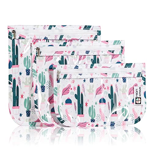 HIONXMGA TSA Approved Toiletry Bag, Set of 3 Clear Travel Toiletry Bag Quart Size Zipper Travel Pouch, Waterproof Makeup Cosmetic Bag for Women Men Kids Toiletries Carry on, Cacti B - color: Cacti B, Mixed Sizes