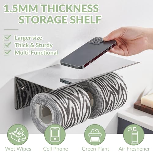 APLusee Double Toilet Paper Holder with Phone Shelf, 304 Stainless Steel Bathroom Tissue Hanger, Wall Mounted Dual Roll Paper Dispenser, Polished Chrome - color: Polished Chrome, size: Double Rod