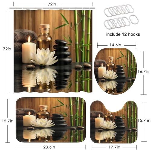 ArtSocket Stones Spa Bamboo Bathroom Set with Shower Curtain and Rug Accessories, Oil Wood Massage Candle Modern Water Bamboo Green Tropical Shower Curtain for Bathroom Decor 4 Pcs - color: Stones Spa Bamboo