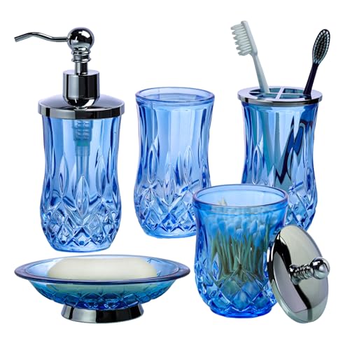 Bathroom Accessories Set,5 Pcs Blue Glass Bathroom Accessory Set,Complete Lotion Soap Dispenser,Toothbrush Holder,Soap Dish,Tumbler & Jar,Modern Bathroom Decor Sets Gift,Round - style: Round(Blue)