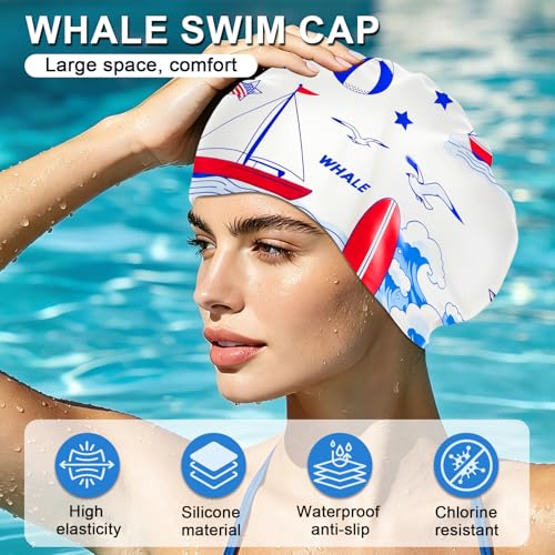 WHALE Extra Large Swim Cap Designed for Men and Women with Thick, Long Hair, Hair Extensions Or Afro-Textured Hair Long-Hair Swim Cap Highly Waterproof to Keep Hair Dry - color: Ocean Waves White