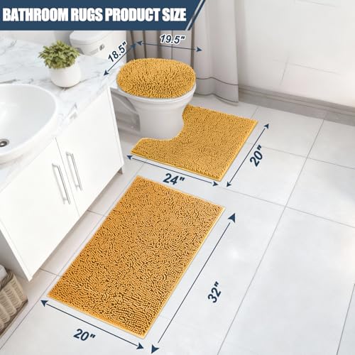 Bathroom Rugs Sets 3 Piece with Adjustable Toilet Seat Cover 19.5"x 18.5" Machine Washable Bath Rug Set with TPR Non Slip Rubber Backing Solid Bath Mat Set for Luxury Bathroom Decoration - color: Yellow