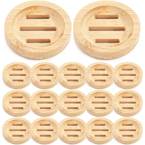 24PCS Bamboo Soap Dishes,3.2 in Round Wooden Soap Holder with Drainage Slots, Waterproof Lacquered Soap Bar Tray for Bathroom Shower, Shampoo Bar Holder, Scrub Sponge Tray