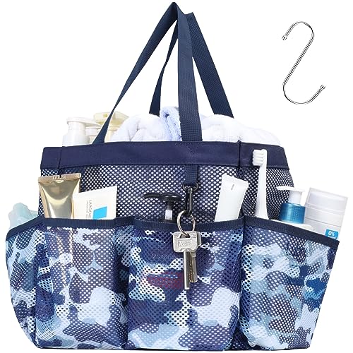 Mesh Shower Caddy Portable - 8 Pockets, S-Hook, Shower Bag for Dorm Camping | 2-Handle, Quick-Dry, Toiletry Organizer, College Dorm Room Essentials for Girls, Gym, Travel & Bathroom, Blue Camouflage - color: L, Dark Blue Camouflage, size: L (Classic Dorm