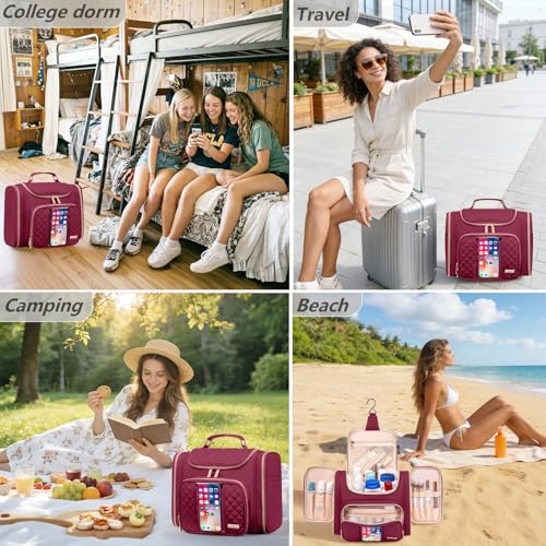 Tealari Large Toiletry Bag for Women Men,Bathroom Bag,Water Resistant Shower Bag,Makeup Bag,Toiletry Bags for Traveling,Hanging Toiletry Bag with Transparent Waterproof Phone Pocket - color: Wine Red