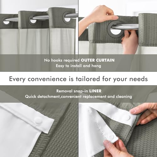 Mrs Awesome No Hook Shower Curtain with Snap-in LinerLess Time On/Off, Embossed Waffle-Look Textured Fabric Shower Curtain for Bathroom, Soft & Lightweight, 71x74, Gray - color: Grey, size: 71"W x 74"L (Pack of 1)