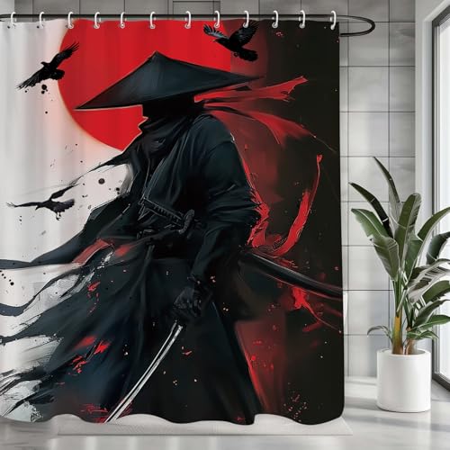 Black Red Samurai Shower Curtain 60Wx71L, Japanese Man Shower Curtains for Bathroom, Cool Asian Shower Curtain Set 12 Pack Hooks - color: Black Red Samurai, size: 60Wx71L