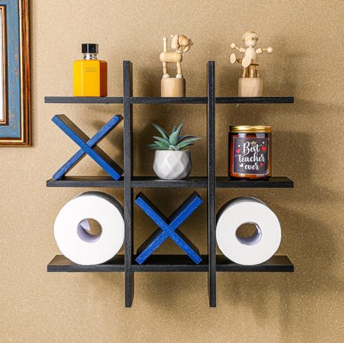 Weysat Tic Tac Toe Toilet Paper Holder Stand Bathroom Wall Decor Rustic Wooden Hanging Storage Freestanding Wall Mounted Shelves Decor for Toilet Tissue Farmhouse - color: Black, Dark Blue