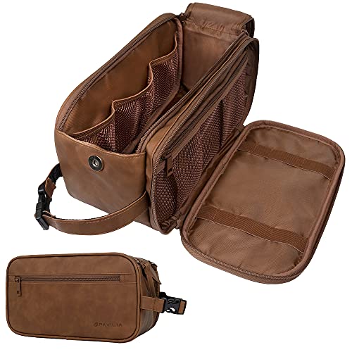 PAVILIA Toiletry Bag for Men, Travel Essentials Shaving Dopp Kit, Mens Travel Bag Toiletries Organizer Case for Grooming, PU Leather Water Resistant Cosmetic Bag Pouch (Brown) - color: Brown, size: Large (10.5x5.5x6)