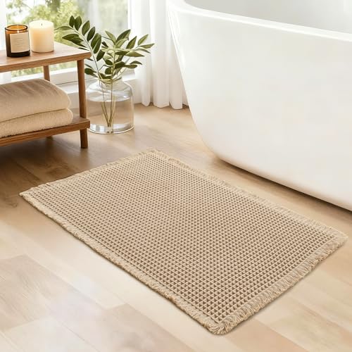 JIUZHEN Upgraded Waffle Bath Mat Super Absorbent Bathroom Mats Non Slip Bath Rugs Machine Washable Dry Fast Waffle Rugs for Bathroom Floor Ultra Soft Boho Rug for Beside Tub, 16" x 24", Brown - color: Brown, size: 1'4" x 2' (Rectangular)