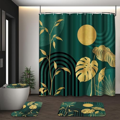 Boho Green Shower Curtain Set with Toilet Lid Cover and Non-Slip Rugs, Tropical Botanical Abstract Green Gold 4 Pcs Modern Minimalist Vintage Shower Curtain for Bathroom Set with 12 Hooks - color: Dark Green
