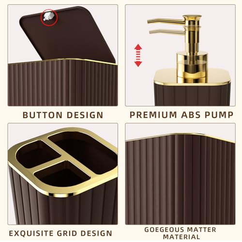 XLHOMO Bathroom Accessories Set - Gorgeous Bathroom Set, 10PC Brown Bathroom Accessories, Bathroom Accessory Set, Toilet Brush, Trash Can, Qtip Holder Dispenser & Soap Dispenser - size: Bath Set, style: Brown&Gold