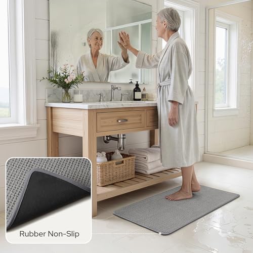 HOMEIDEAS Bathroom Rugs Set 2 Piece, Ultra Thin Non-Slip Bath Mats Rubber Backed, Chenille Absorbent Quick Dry Mats for Shower & Vanity, Low Profile Fits Under Door (Grey, 32"x20"+24"x17") - color: Grey
