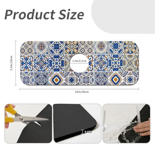 Kitchen Sink Splash Guard，Traditional Moroccan tiles Faucet Mat Sink Gadgets-Super Absorbent Fast Drying Mat Drip Catcher for Kitchen, Bathroom,Sink Mat, Dish Drying Mat, Bathroom(15" X 5.5" ) - color: Traditional Moroccan tiles