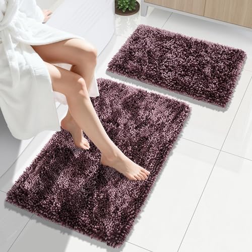 Yimobra Bathroom Rug Set 2 Piece, Luxury Shaggy Bath Mat Set with Non Slip Backing, Ultra Soft & Absorbent Mats for Bathroom Floor, Machine Washable, 31.5"x20"+24"x17", Dark Purple - color: Dark Purple, size: 24x17 + 31.5x20 Inch