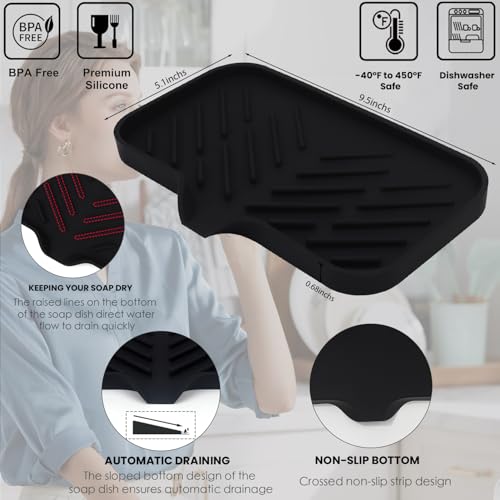 Yasmen Silicone Bathroom Soap Dishes, Sink Sponge Holder for Kitchen, Rubber Soap Dish with Drain, Shower Soap Sponge Tray, Sink or Counter Organizer, for Bar Soap, Bottle, Dish Soap Dispenser-Black - color: Black, size: L(9.5"×5.1" )