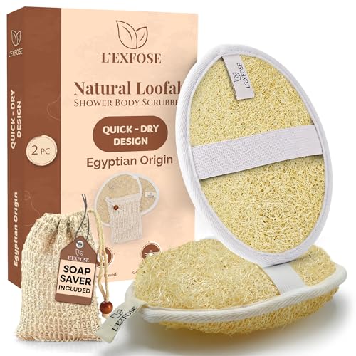 L'Exfose Organic Natural Loofah Body Scrubber for Shower – Dual Sided Egyptian Fiber Plastic Free Loofah – Quick Dry Natural Body Scrubber with Sisal Soap Saver Bag – Minimal Spa Gift for Men Women - color: Natural Cream