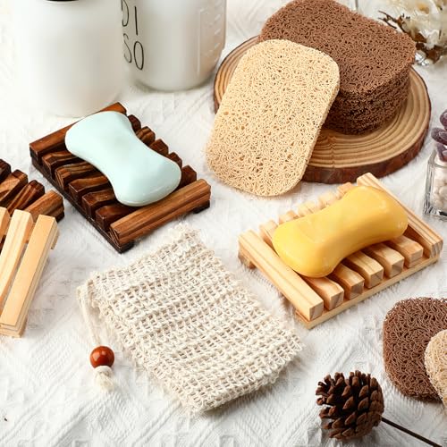 Baderke 36 Pcs Soap Saver Set for Packaging Gift Including Wooden Dish Holder Exfoliating Bag with Drawstring Soap Pads for Mother's Day Bar Wedding Baby Shower Homemade Gift(Mixed Color) - color: Wood