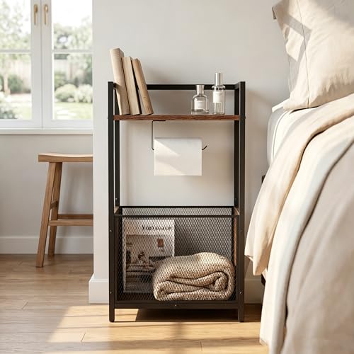 Toilet Paper Holder Stand, Free Standing Toilet Paper Stand with Metal Mesh Basket, Freestanding Toilet Paper Holder with Storage for Bathroom Tissue Roll Holder, Magazines, Wipes, Black