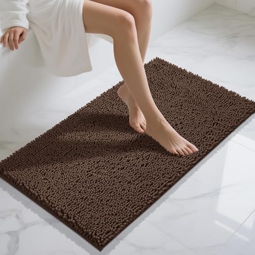 Yimobra Long Bathroom Rugs 44"x24", Extra Soft Non Slip Bath Mat for Tub, Super Absorbent Quick Dry Shaggy Rug Floor Carpet, Machine Washable,Brown - color: Brown, size: 44" X 24"