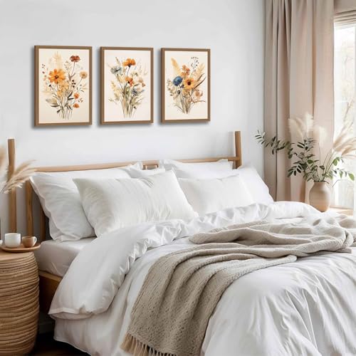 3Pcs Vintage Wildflower Framed Canvas Wall Art Rustic Botanical Floral Pictures Prints for Living Room Bedroom Bathroom Retro Boho Wall Decor for Home Aesthetic 16x24 inch Ready to Hang - color: Orange wildflowers, size: 16x24 inches