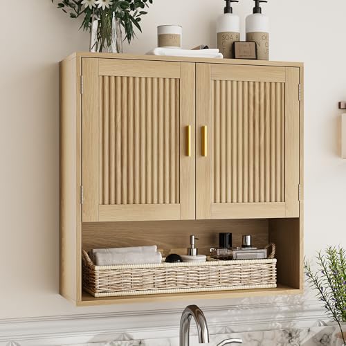 Fluted Bathroom Cabinet,Bathroom Wall Cabinet with Adjustable Shelves,Wooden Wall Storage Cabinet for Bathroom,Kitchen,Living Room,Bedroom