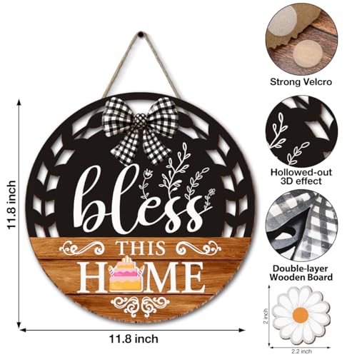 Interchangeable Seasonal Bless This Home Hanging Sign - Farmhouse Front Door Decoration for Spring All Seasons Holidays - Rustic Round Wood Wreaths with 12 Icons(Orange) - color: blessorange2