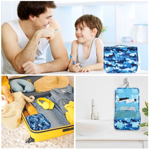 Kids Hanging Toiletry Bag for Boys, Travel Toiletry Bag for Little Young Boys Waterproof Wash Bag Toddler Traveling Toiletries, Shark Blue Camo - color: Shark-Blue