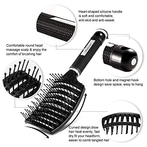 Hair Brush, Curved Vented Detangler Brush Faster Blow Drying for Women, Men | Professional Paddle Detangling Hairbrush for Wet Dry Curly Thick Fine Wavy Straight Hair, Reduce Breakage & Split Ends - color: black